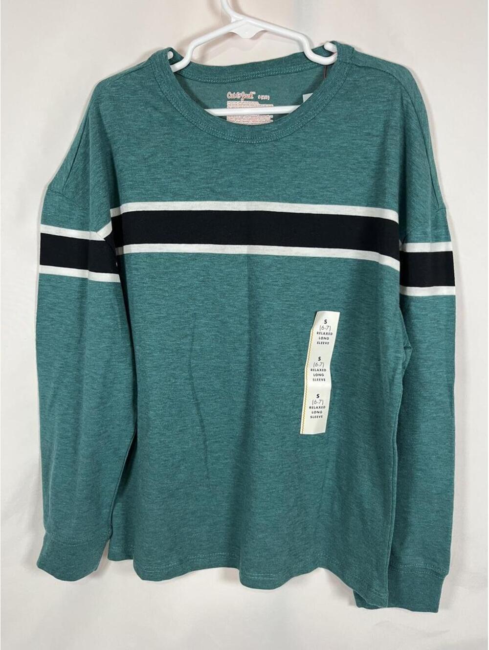 Cat & Jack Boys' Long Sleeve Shirt Size 6/7 Green with Black and White Stripes